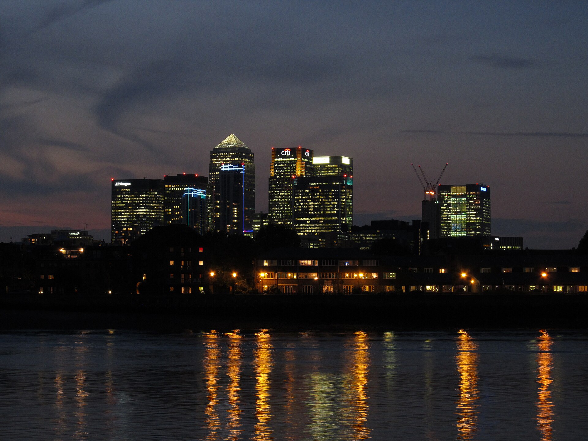 Financial district skyline at dusk